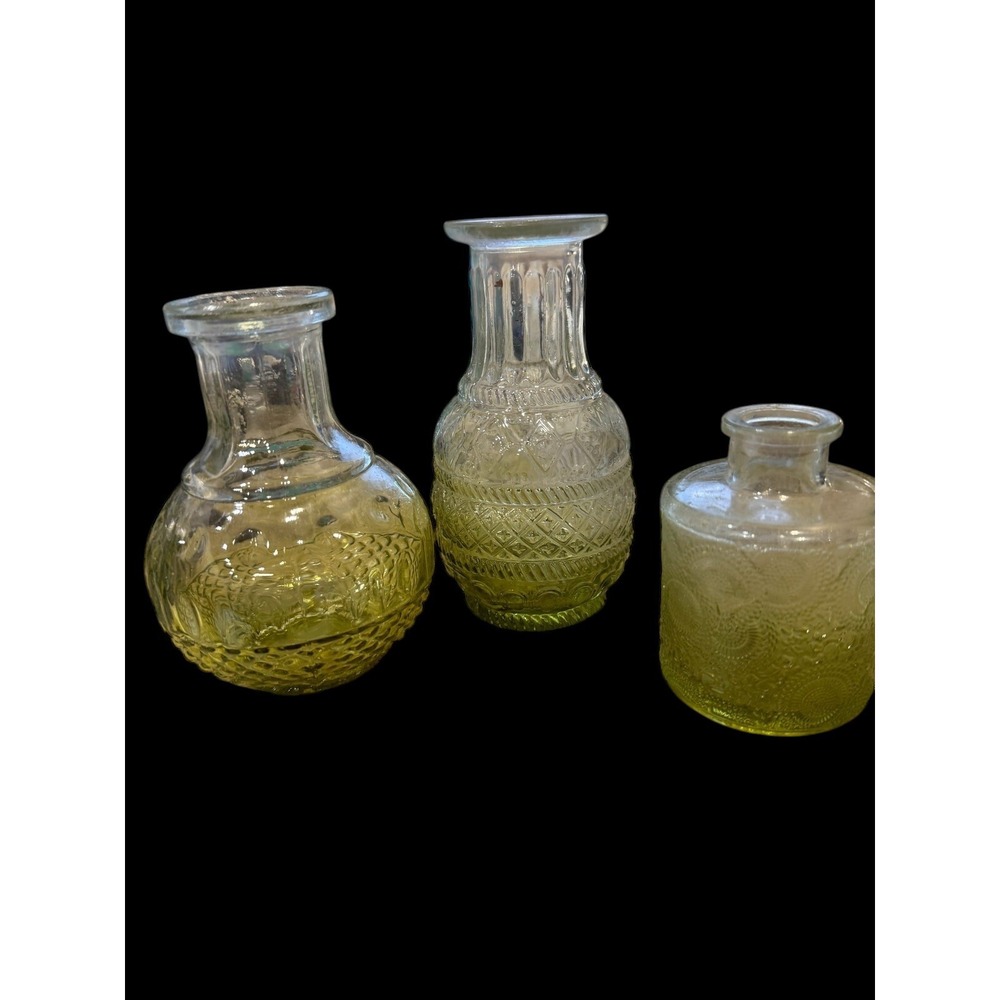 Lot Of Three Vintage Green Glass Bottle Bud Vases. RARE Unique! HTF